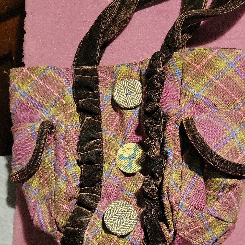 Plaid Women's Bag with Button Accents